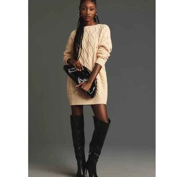 Anthropologie x Mare Mare Cream Long Sleeve Cable Knit Sweater Dress - Picture 1 of 11